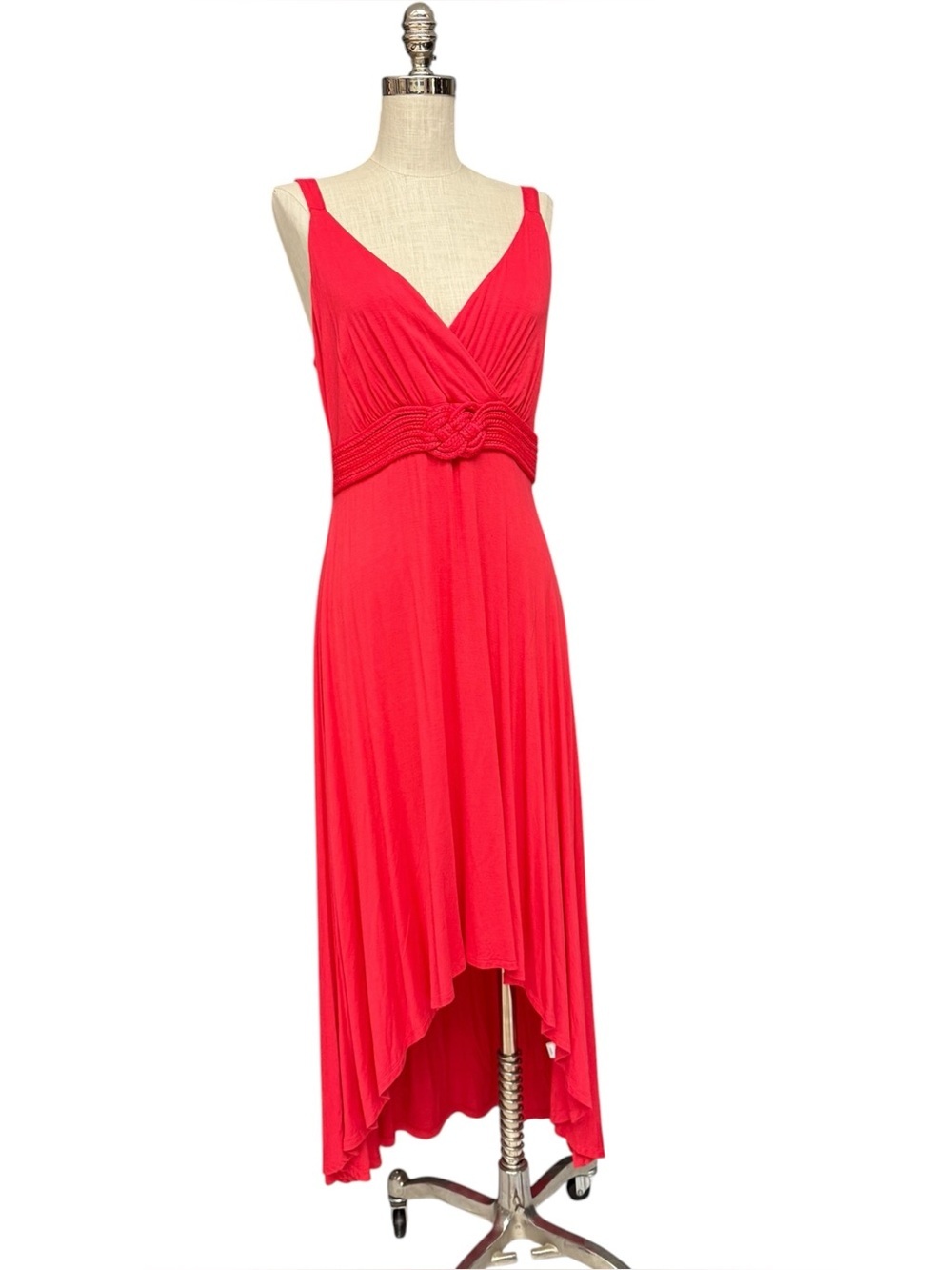 Spense Coral Pink High Low Maxi Dress Medium, Empire Waist, Plunge Neck
